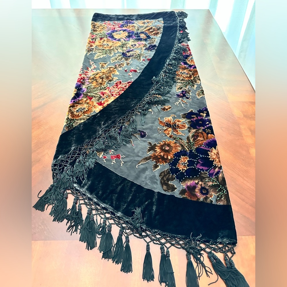 Silk Velvet Burn-out, Hand Beaded, High-Low Shawl. Black Beaded Trim Tassles. OS